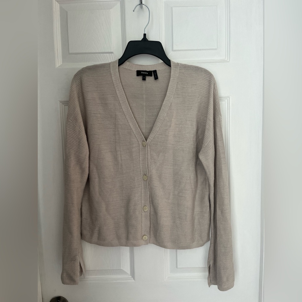 Theory Beige V-Neck Cardigan Sweater